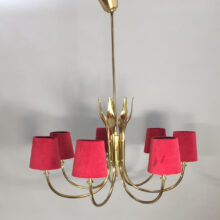 1950's ceiling lampa in brass with shades in velvet. Ljuskrona i mässing Wigerdals