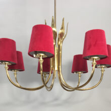 1950's ceiling lampa in brass with shades in velvet- Ljuskrona i mässing wigerdals