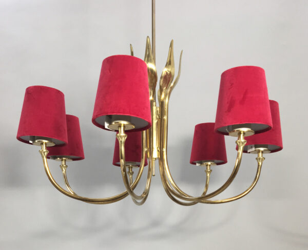1950's ceiling lampa in brass with shades in velvet- Ljuskrona i mässing wigerdals