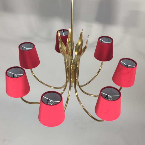 1950's ceiling lampa in brass with shades in velvet. Ljuskrona i mässing Wigerdals