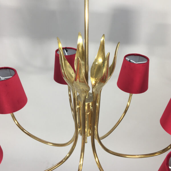 1950's ceiling lampa in brass with shades in velvet. Ljuskrona mässing sammet Wigerdals