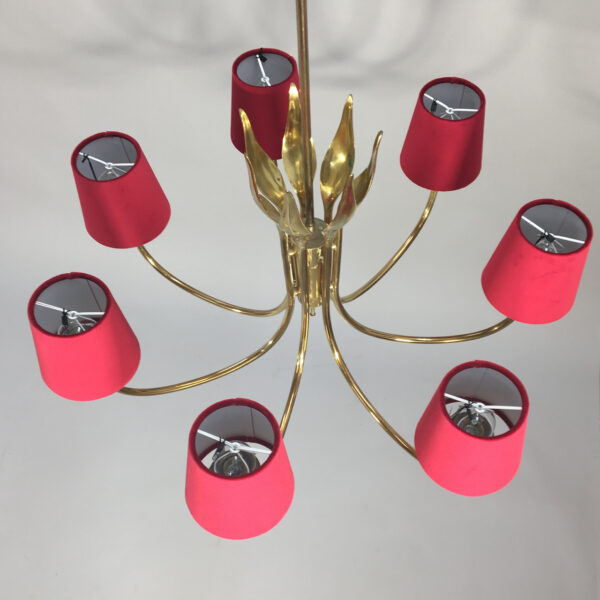 1950's ceiling lampa in brass with shades in velvet. Ljuskrona i mässing Wigerdals