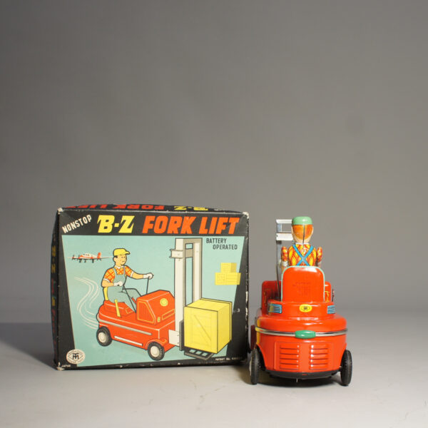 1960's japanese tin toy B-Z Fork Lift by Masudaya Modern toys Plåtleksak japan gaffeltruck Wigerdals