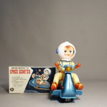 1960's japanese space toy by Masudaya "Space scooter" Mint in box. Plåtleksak Wigerdals
