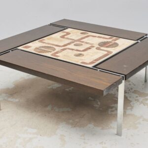 1970's coffee table in stone steel and wood signed Sojer. Soffbord i stål sten trä Wigedals