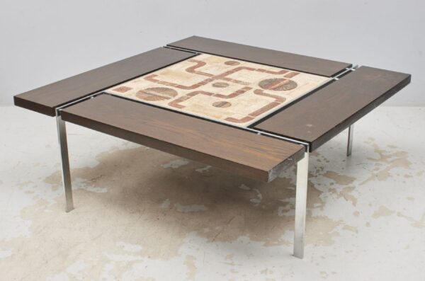 1970's coffee table in stone steel and wood signed Sojer. Soffbord i stål sten trä Wigedals