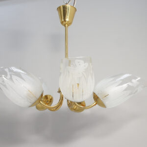 1940's ceiling lamp in brass with engraved glass shades by Glössner, Sweden.
