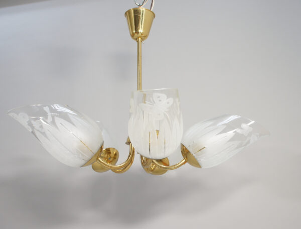 1940's ceiling lamp in brass with engraved glass shades by Glössner, Sweden.