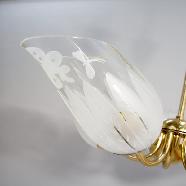 1940's ceiling lamp in brass with engraved glass shades by Glössner, Sweden. Taklampa glössner