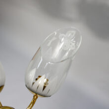 1940's ceiling lamp in brass with engraved glass shades by Glössner, Sweden. Taklampa i mässing med graverade kupor i glas. Glössner.