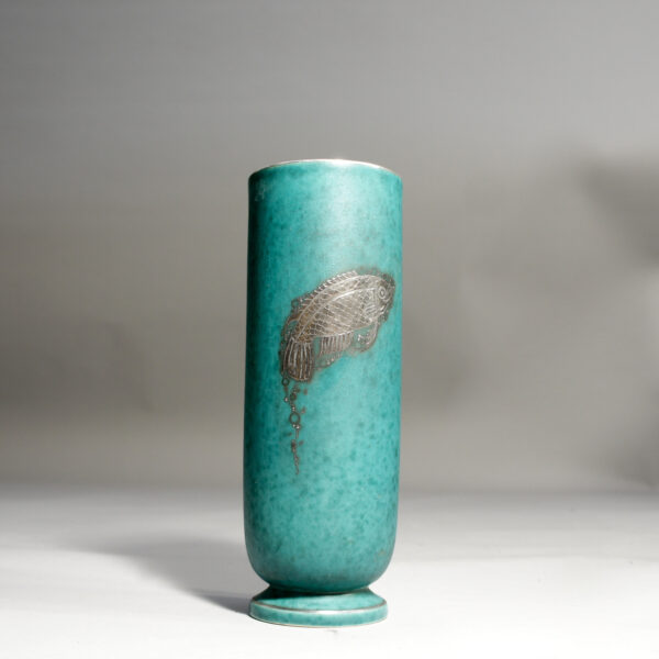 Wilhelm Kåge. "Argenta". Vase in stoneware with fish docoration in silver. Vas i stengods Wigerdals