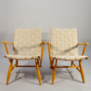 Yngve Ekström "Per" a pair of arm chairs in beech and webbing. Ett par karmstolar i bok och sadelgjord wigerdal.com