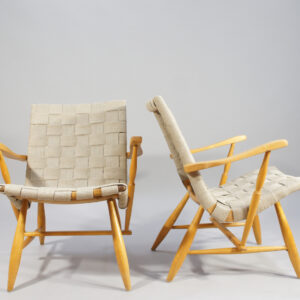 Yngve Ekström "Per" a pair of arm chairs in beech and webbing. Ett par karmstolar i björk och saldelgjord i jute wigerdal.com