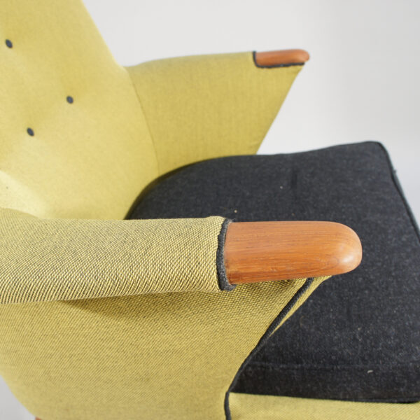 1950's new reupholstered danish easy chair with teak details.