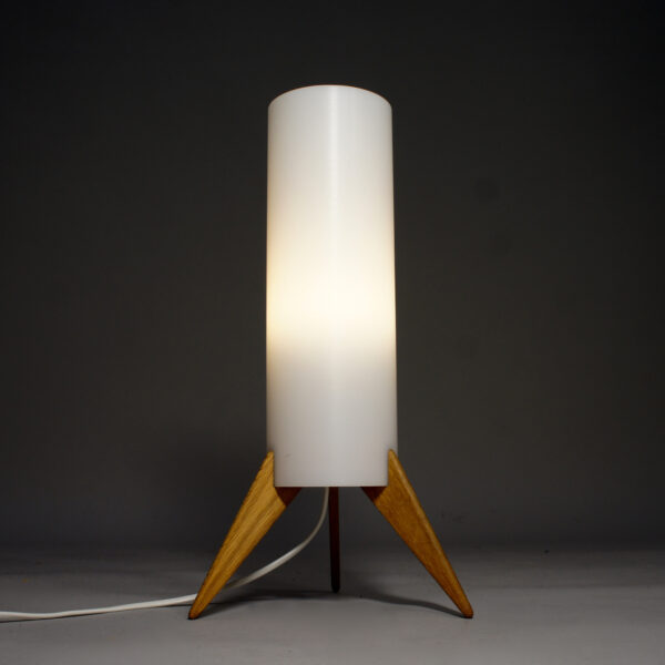 Table lamp in oak and acryl by Östen & Uno Kristiansson for Luxus, Sweden. "Raketen".
