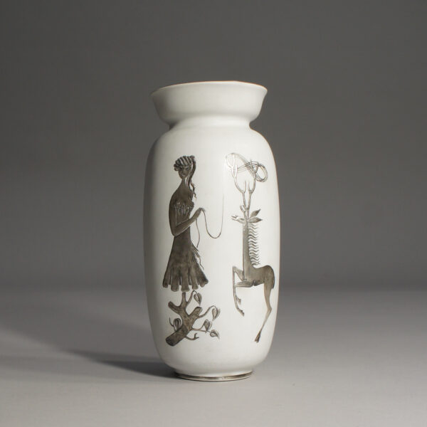 Stig Lindberg for Gustavsberg. "Grazia". Vase in faiense with decorations in silver.