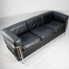 Le Courbusier for Cassina, Italy. LC2. A three seater sofa in black leather and chrome steel.