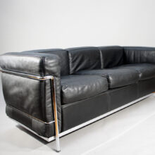 Le Courbusier for Cassina, Italy. LC2. A three seater sofa in black leather and chrome steel.
