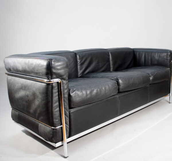 Le Courbusier for Cassina, Italy. LC2. A three seater sofa in black leather and chrome steel.