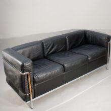 Le Courbusier for Cassina, Italy. LC2. A three seater sofa in black leather and chrome steel.