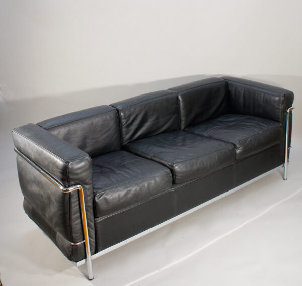 Le Courbusier for Cassina, Italy. LC2. A three seater sofa in black leather and chrome steel.