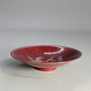 Willhelm Kåge for Gustavsberg, Sweden. 1930's rare red "Argenta" bowl in stoneware with decoration in silver.