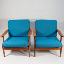 Bramin, Denmark. A pair of easy chairs in teak with new upholstering. Denmark