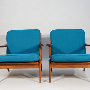 Bramin, Denmark. A pair of easy chairs in teak with new upholstering. Denmark