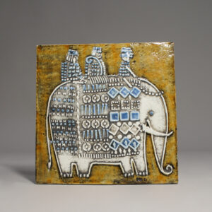 Lisa Larson for Gustavsberg, Sweden. Wall plaquet in stoneware. People on elephant.