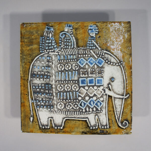 Lisa Larson for Gustavsberg, Sweden. Wall plaquet in stoneware. People on elephant.