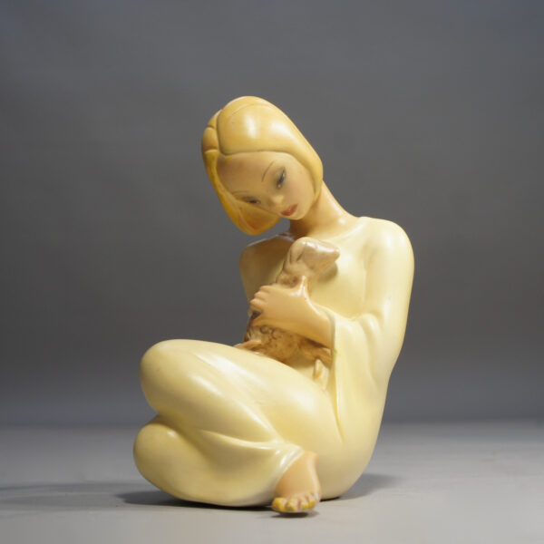 1950's German figurine in ceramic of young girl with lamb