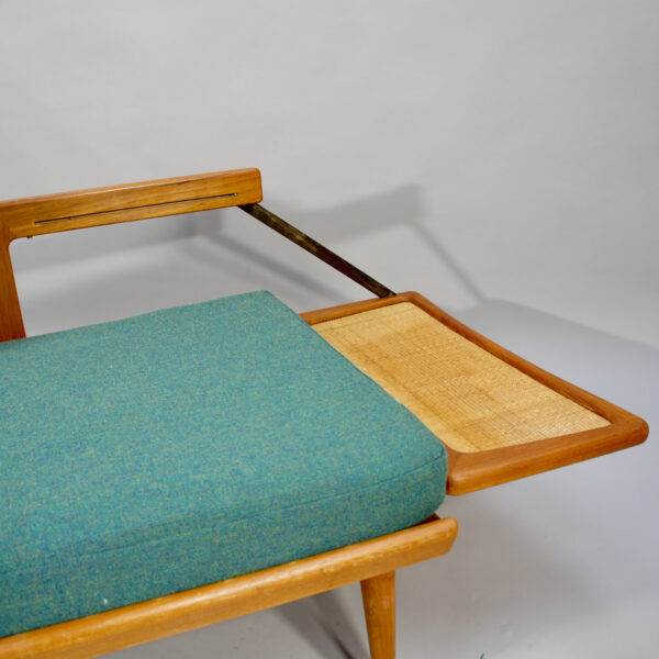 Peter Hvidt & Orla Mølgaard for France & Son, Denmark. Sofa mod 453 in teak, rattan with new upholtered seating. Folding arm rests.
