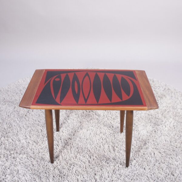 Side table in teak with decorated top in metal 1950's