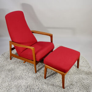 "Siesta". 1950's easy chair in teak with reupholstered seating by Folke Olsson for Dux, Sweden.