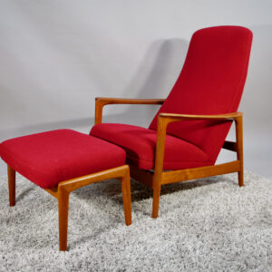 "Siesta". 1950's easy chair in teak with reupholstered seating by Folke Olsson for Dux, Sweden.