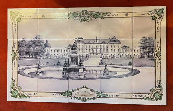 Signed tile art by Karlskrona, Sweden showing the royal castle Drottningholm.