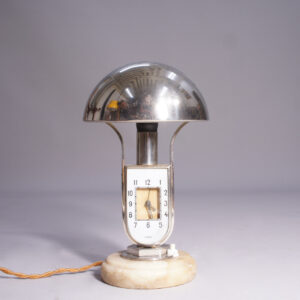 Art deco lamp with clock in chrome and marble