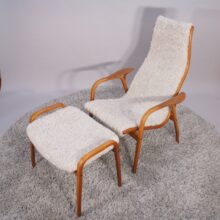 Yngve Ekström for Svedese, Sweden. “Lamino”. 1956 easy chair in oak and teak reupholstered in sheep skin.